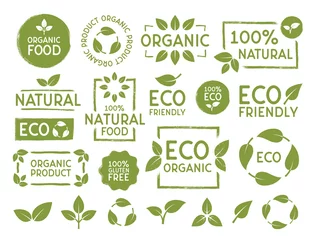 Foto op Aluminium Set of Eco, bio, organic and natural products stickers, labels, badges and logos. Ecology icons set. Logo templates with green leaves for organic and eco friendly products. Vector illustration © Denys Holovatiuk