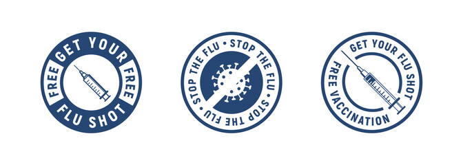Set of 3 medicine labels with syringe, bacteria or virus icons. Get your flu shot, Vaccination, Stop the flu. Modern minimal design. Medical labels, logos, badges for pandemia. Vector illustration - obrazy, fototapety, plakaty