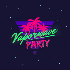Fototapeta na wymiar Vaporwave retro neon logo with beach palms isolated on dark background. Trendy neon 80's design. Vector illustration