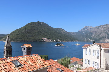 Bay of Kotor ocean and mountain views  and town of Perast in Montengro - 325846878