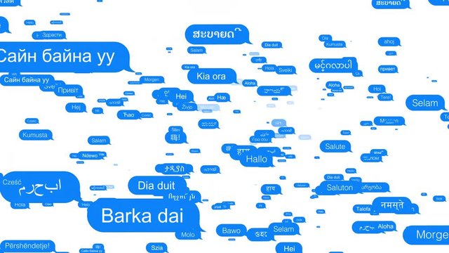 flying many message bubbles with hi word on different languages, messages bubbles on white screen