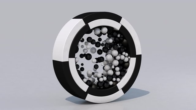 Black and white rings and balls rolling. Abstract animation, 3d render.