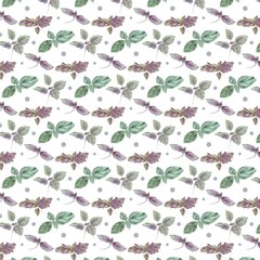 seamless floral pattern with watercolor basil leaves and polka dots. Elements isolated on white background. Ideal for textile and interior design