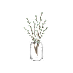 Willow branch in a glass jar. Spring composition. Vector illustration on a white background
