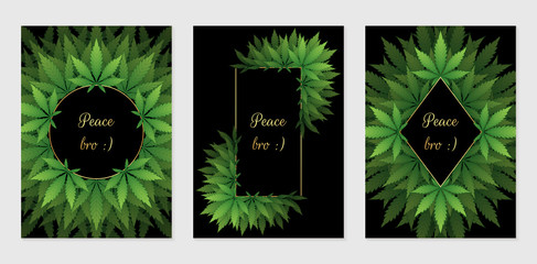 Vector set of cover design template with wonderful frame or border of cannabis leaves; Contrast black backgrounds with golden elements and green summer plants for products and printing with marijuana.