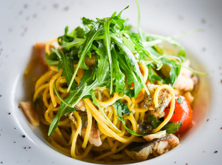 delicious fresh italian pasta with fish & rucola salad