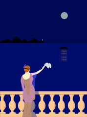 Art deco woman saying goodbye to someone in a ship. Moonlight in a dark night.