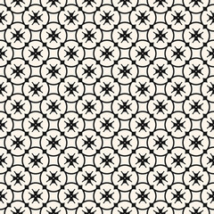 Vector floral seamless pattern. Luxury geometric background with small flower shapes, rounded grid, lattice, crosses, stars, repeat tiles. Simple abstract ornamental texture. Black and white design