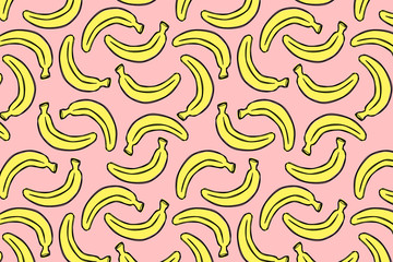 Vector summer pattern with bananas. Tasty fruits drawn in line art and colored in misprint style