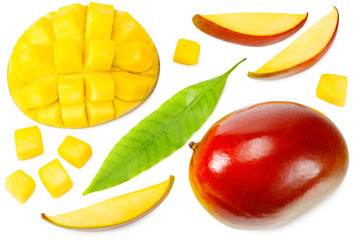 mango with slices and green leaves isolated on white background. healthy food. top view