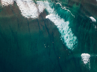 Aerial view of surfers in the ocean