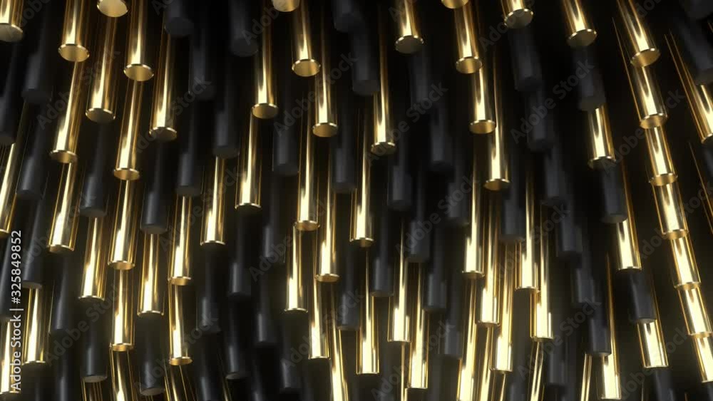 Poster oscillating black and golden cylinders. abstract geometric background with wavy effect. moving shape