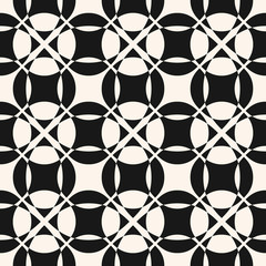 Vector abstract geometric seamless pattern in black and white colors. Repeatable background texture with curved shapes, circles, crosses, squares. Simple monochrome design for decor, prints, covers