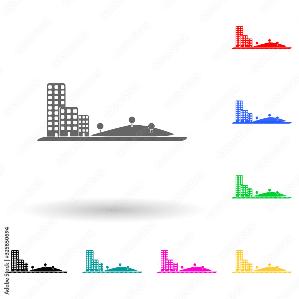 Poster park next to apartment buildings multi color style icon. simple glyph, flat vector of park and lands