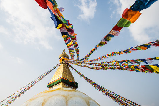 The Buddha Stupa strung with Prayer flags in Kathmandu Nepal