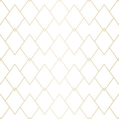 Vector gold and white geometric texture. Elegant seamless pattern with thin lines, diamonds, rhombuses, grid, net. Abstract golden linear graphic ornament. Art deco background. Luxury repeated design