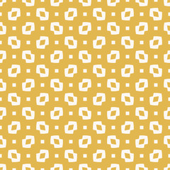 Yellow vector minimalist seamless pattern. Abstract geometric texture with small figures, squares, dots, rhombuses, curves shapes. Simple minimal colorful background. Repeat design for decor, fabric