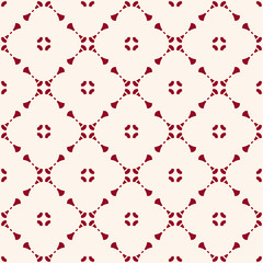Vector geometric floral seamless pattern with small flower shapes, delicate grid, net, mesh, lattice. Simple abstract background in white and burgundy color. Elegant ornament texture. Repeated design