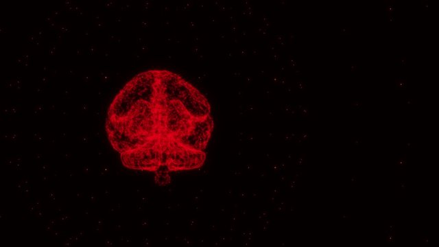Model of the human brain is spinning in space. The effect of the plexus. 3D rendering. The particles rotate around the center. Rule of thirds. Inflammation of the brain. Headache. 4K. Animation video 
