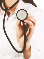  Doctor Woman Hands Using Stethoscope Closeup View