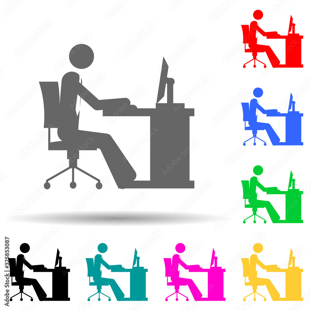 Poster business man at the computer multi color style icon. simple glyph, flat vector of people in work ico