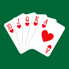 Royal flush hand of hearts, playing cards deck colorful illustration. Poker cards, jack, queen, king and ace vector.