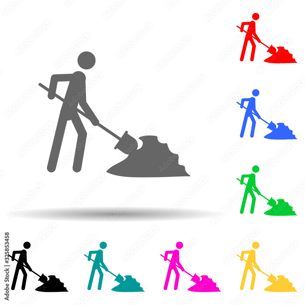 Poster builder with shovel multi color style icon. simple glyph, flat vector of people in work icons for ui