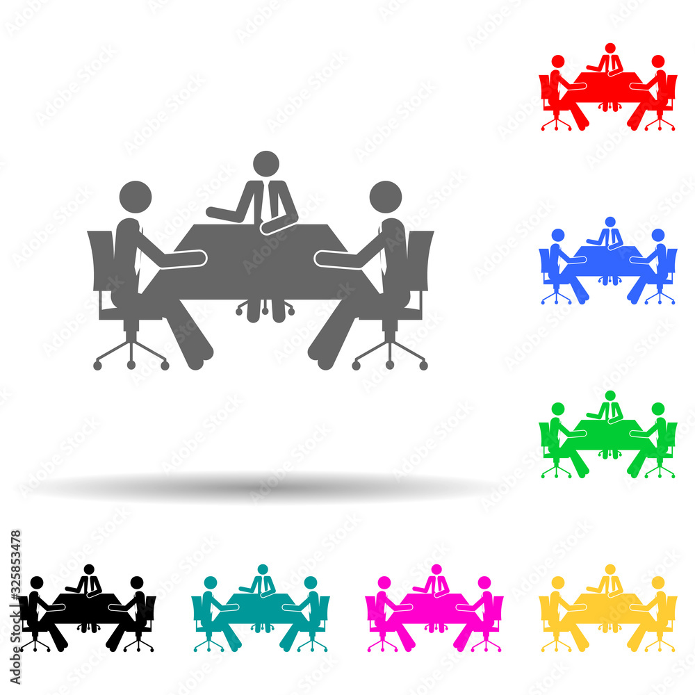 Poster business discussion at the table multi color style icon. simple glyph, flat vector of people in work
