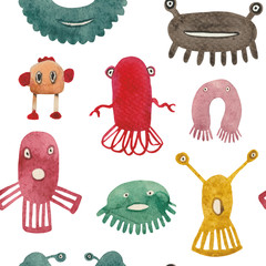 Watercolor seamless pattern of funny monsters and germs. Unique creatures for baby products and designer compositions. Multi-colored individuals will look great on fabric or paper.