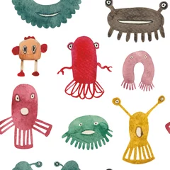 Tapeten Aquarell nahtlose Muster von lustigen Monstern und Keimen. Einzigartige Kreaturen für Babyprodukte und Designerkompositionen. Mehrfarbige Personen werden auf Stoff oder Papier großartig aussehen. © Julia