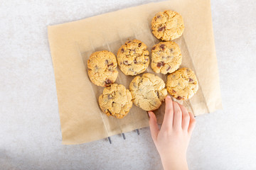 Homemade vanilla biscuits with chocolate chips made by kids