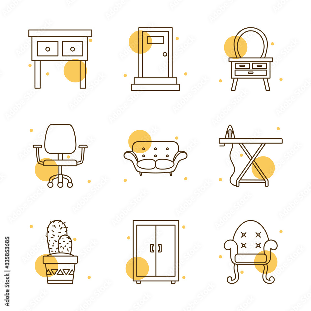 Poster isolated home block and line style icon set vector design
