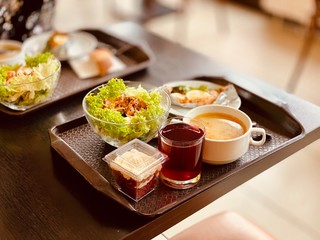 lunch in a cafe on a tray