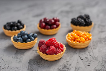 Homemade tartlets from shortcrust pastry with different ripe berries - raspberries, blueberries, blackberries, sea buckthorn, dogwood, chokeberry on a dark background