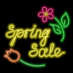 Neon text, flower and tulip. Discount banner for spring sale. Text in neon lighting. Vector abstract background.