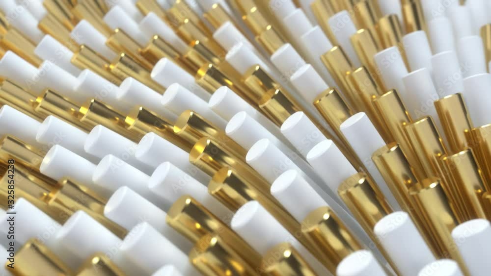 Poster oscillating white and golden cylinders. abstract geometric background with wavy effect. moving shape