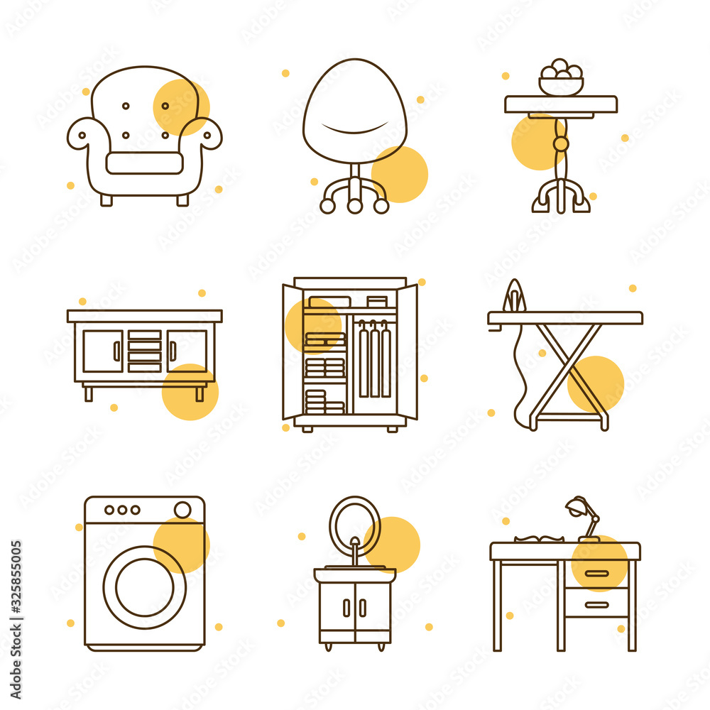 Poster isolated home block and line style icon set vector design