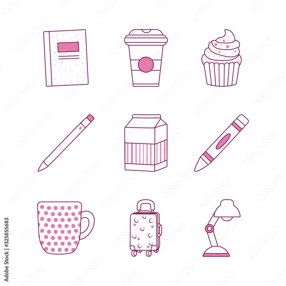 Poster isolated cute objects half line half color style icon set vector design