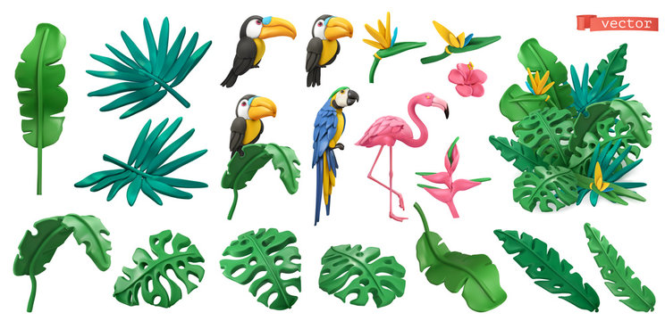Tropical plants and flowers, exotic birds. Toucan, parrot, flamingo. Jungle plasticine art icon set. 3d vector objects