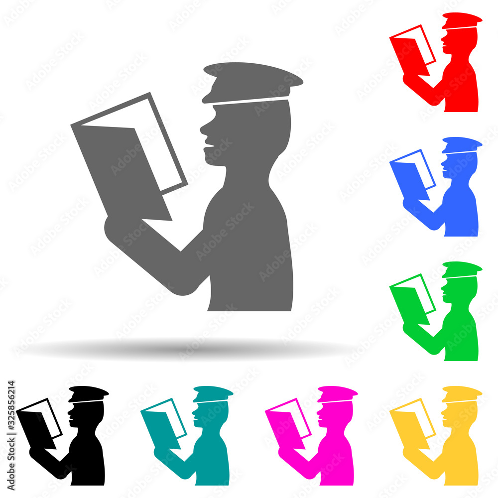 Poster policeman checks documents multi color style icon. simple glyph, flat vector of police icons for ui 