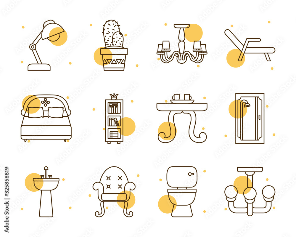 Poster isolated home block and line style icon set vector design