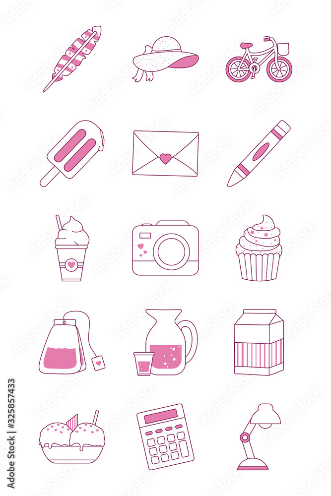 Poster isolated cute objects half line half color style icon set vector design