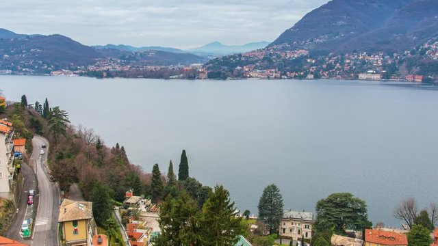 Landscape of Lake Como on a cloudy day. Timelapse view of Lake Como from Blevio, Italy. 4K UHD footage