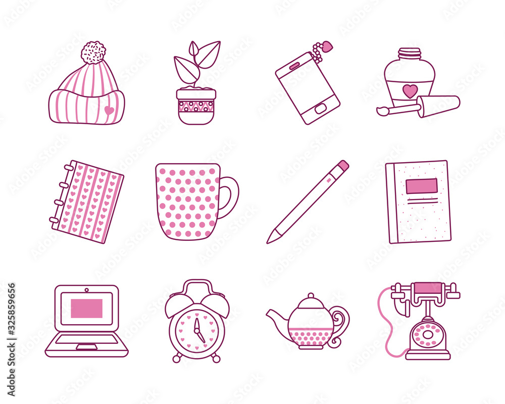 Aufkleber isolated cute objects half line half color style icon set vector design