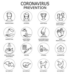 Coronavirus Prevention. Coronavirus icon set for infographic or website. New epidemic (2019-nCoV). Safety, health, remedies and prevention of viral diseases. Isolation. Vector illustration