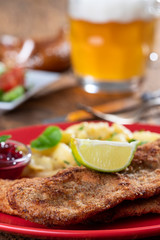 wiener schnitzel with potato salad on a plate