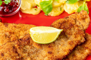 wiener schnitzel with potato salad on a plate