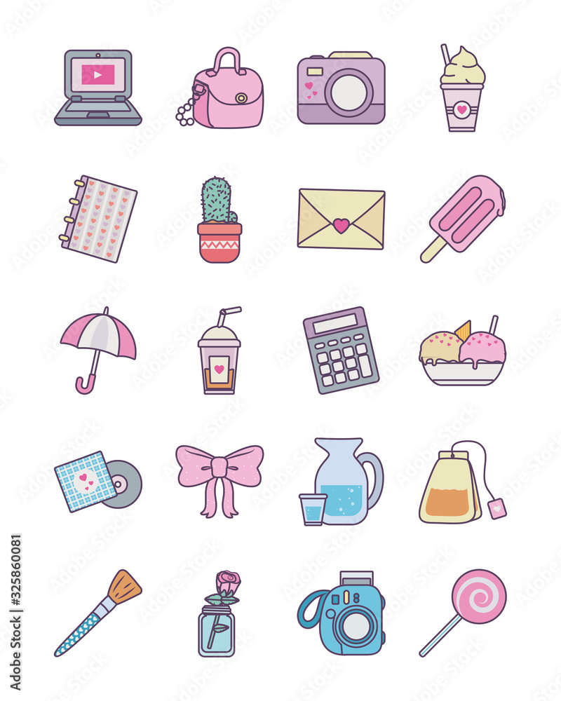 Poster isolated cute objects line and fill style icon set vector design