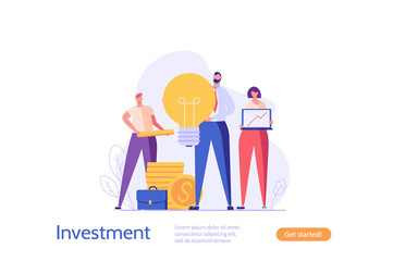 Success team standing with business creative idea, money. Concept of bisiness idea, return on investment, financial solutions. Vector illustration in flat design for UI, web banner, mobile app