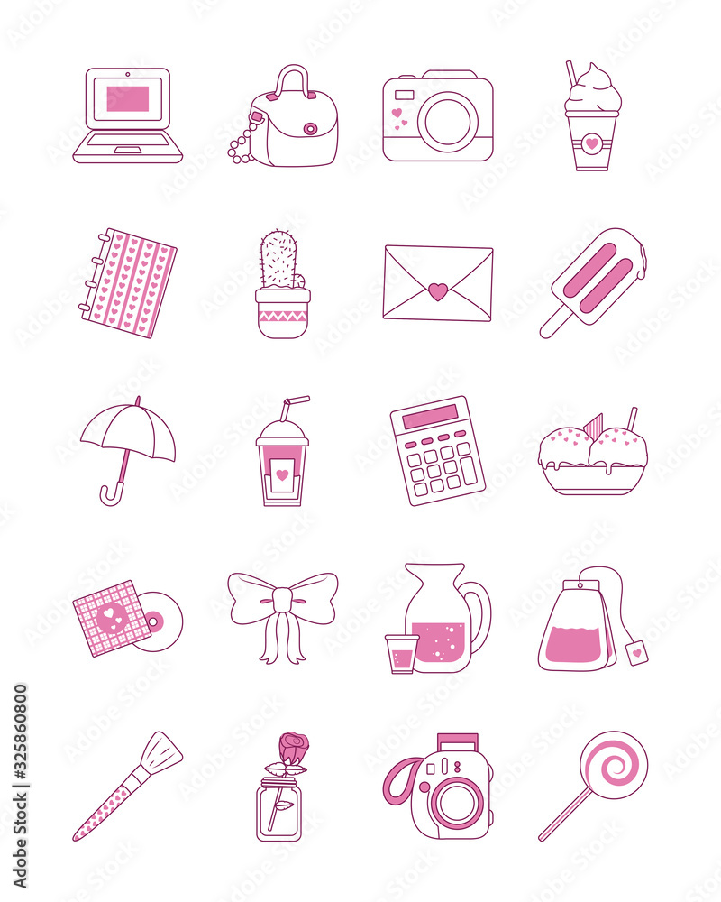 Poster isolated cute objects half line half color style icon set vector design